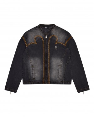 Black Mens Trapstar Irongate T Panel Denim Jackets | IKP-320968