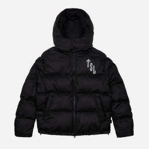 Black Mens Trapstar Shooters Hooded Puffer Jackets | RFA-521906