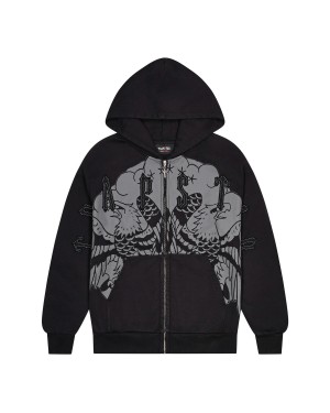 Black Mens Trapstar x Ed Hardy Irongate Zip Through Hoodie | RFB-849762