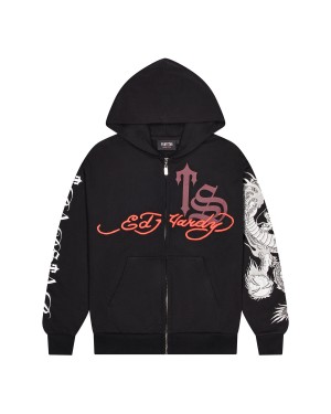 Black / Red Mens Trapstar x Ed Hardy Script Hoodie | PJB-726150