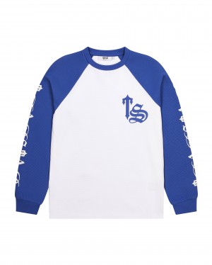 White / Blue Mens Trapstar Script Waffle LS Sweatshirts | EPO-470139