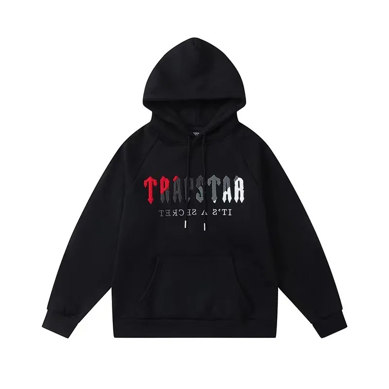 Black Mens Trapstar It’s A Secret Red-Gray Logo Hoodie | CDG-320849