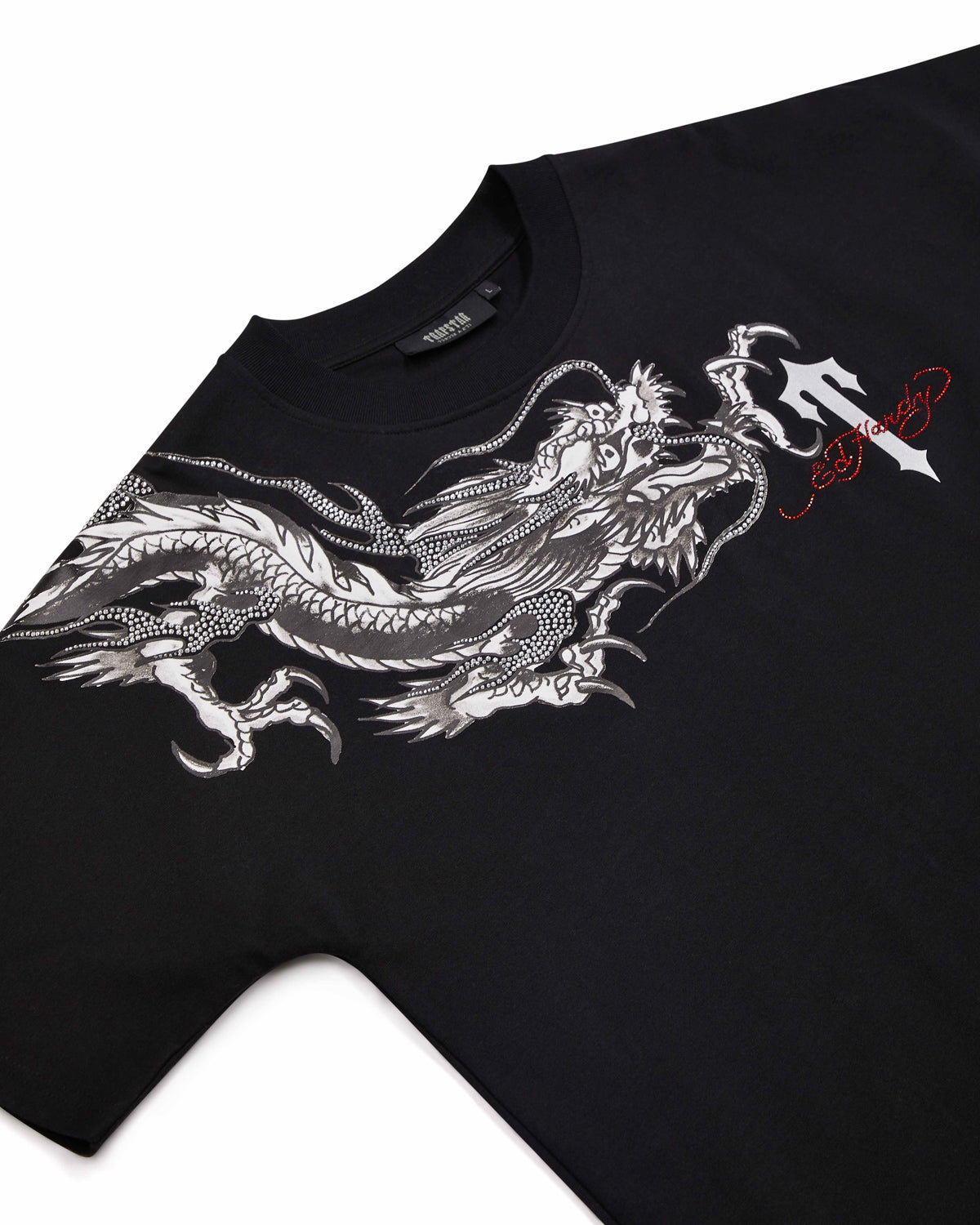 Black Mens Trapstar x Ed Hardy Dragon with Diamanté T-Shirt | HUZ-465932