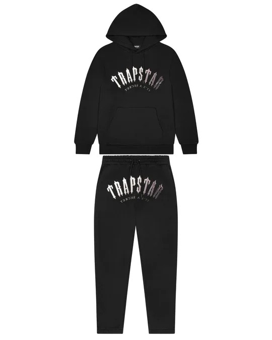 Black / White Mens Trapstar Irongate Arch Its A Secret Hooded Gel Tracksuits | VAN-279106